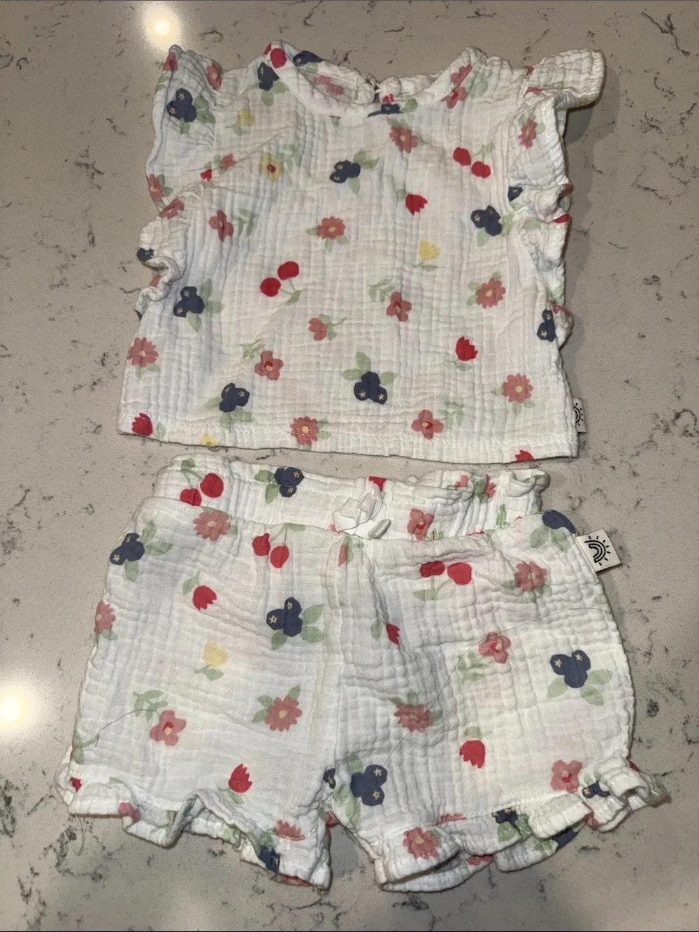 White Floral Muslin Top & Shorts Set - Multi Floral Print